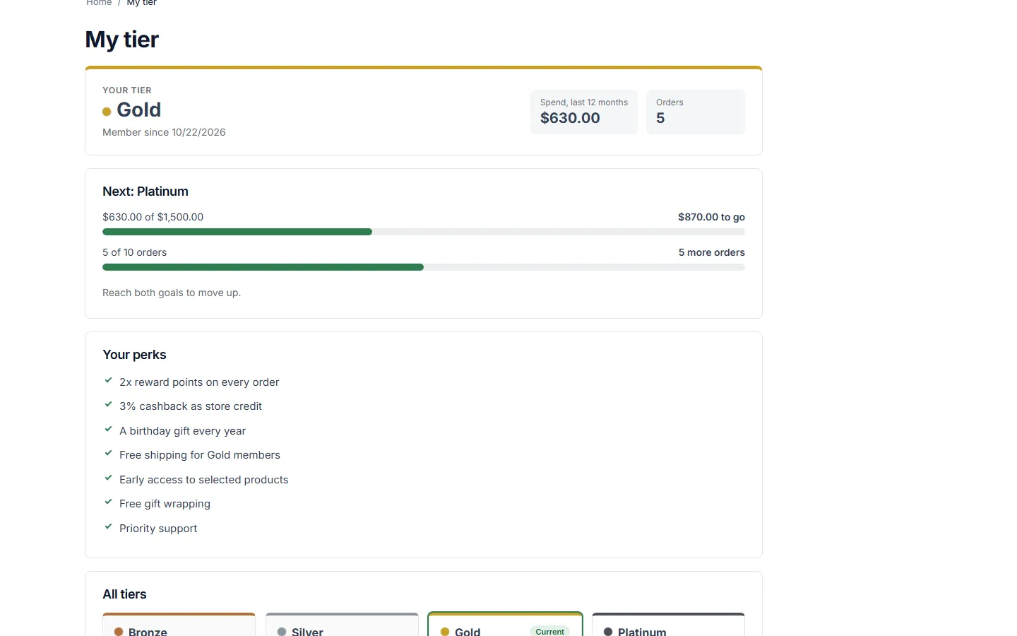 My tier: current tier, progress bars to the next tier and the customer’s perks.