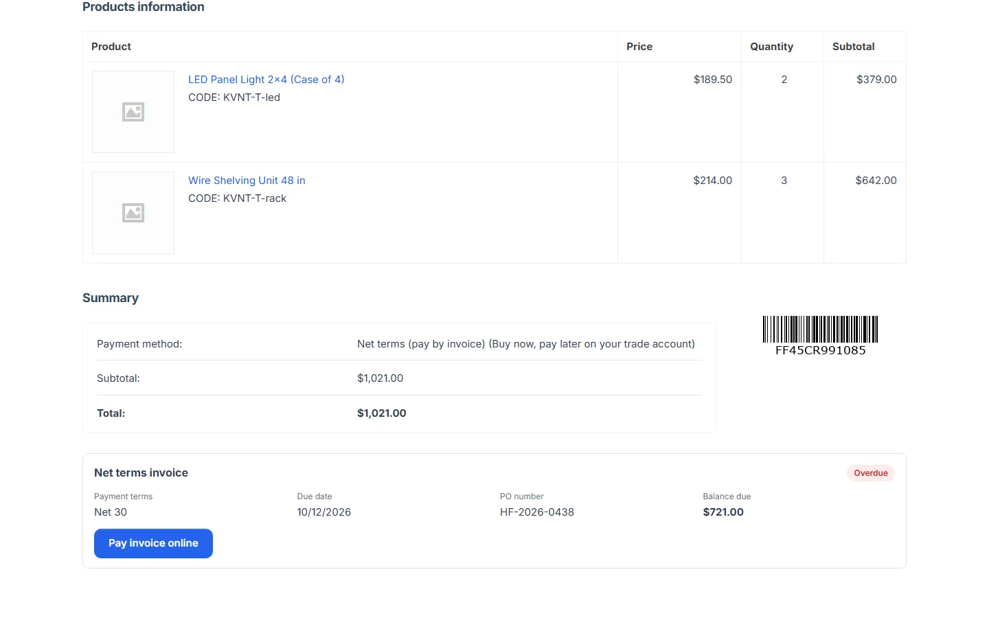 Customer order page: the net terms invoice panel with the Pay invoice online button.
