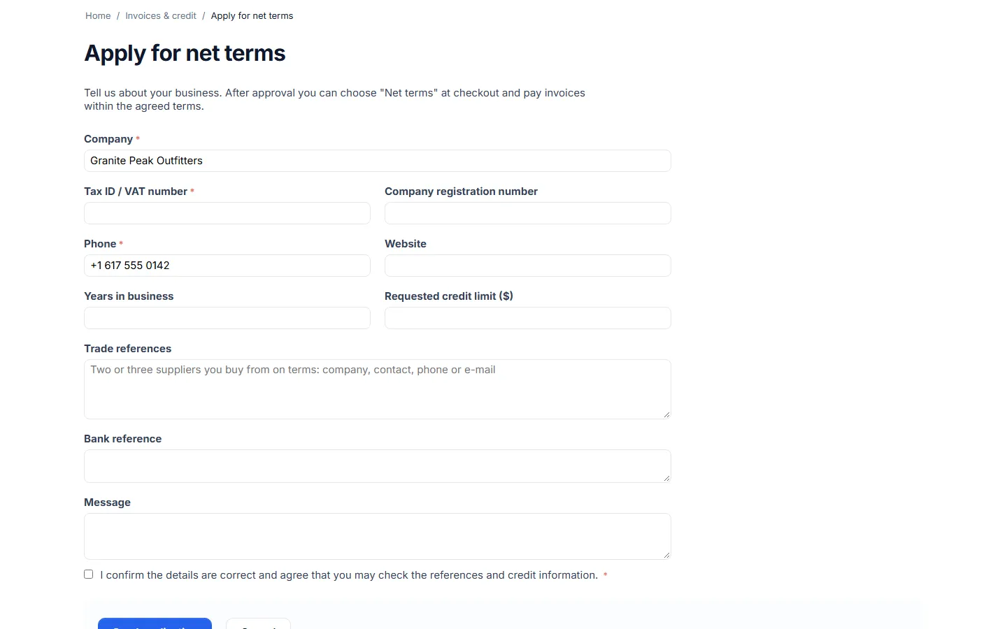 Application form for net terms (company, tax ID, references, requested limit).