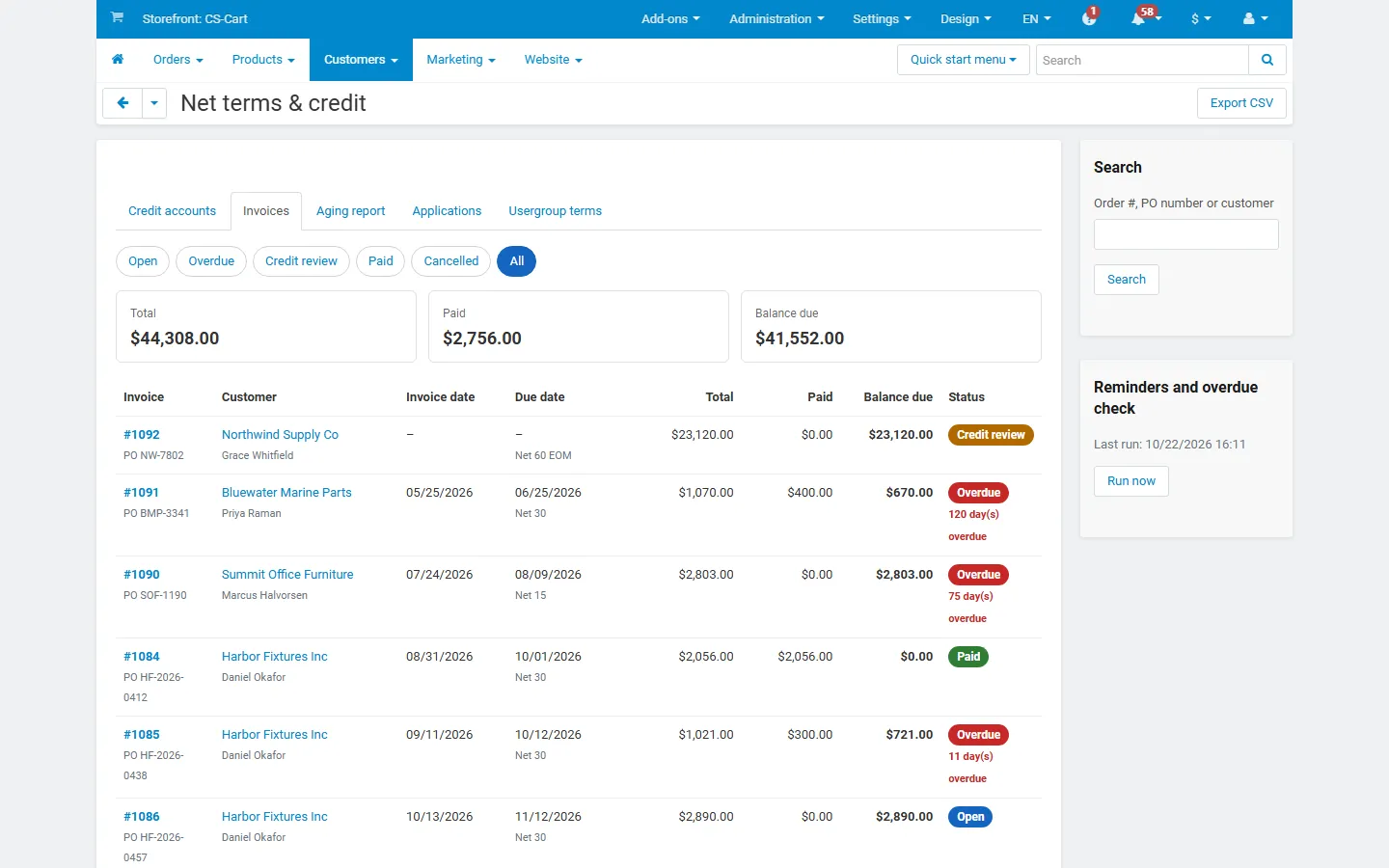 Admin: invoice list with state filters (open, overdue, credit review, paid).