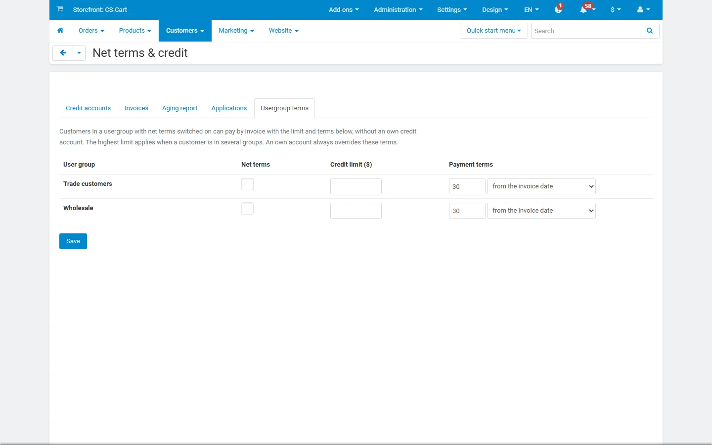 Admin: net terms per usergroup.