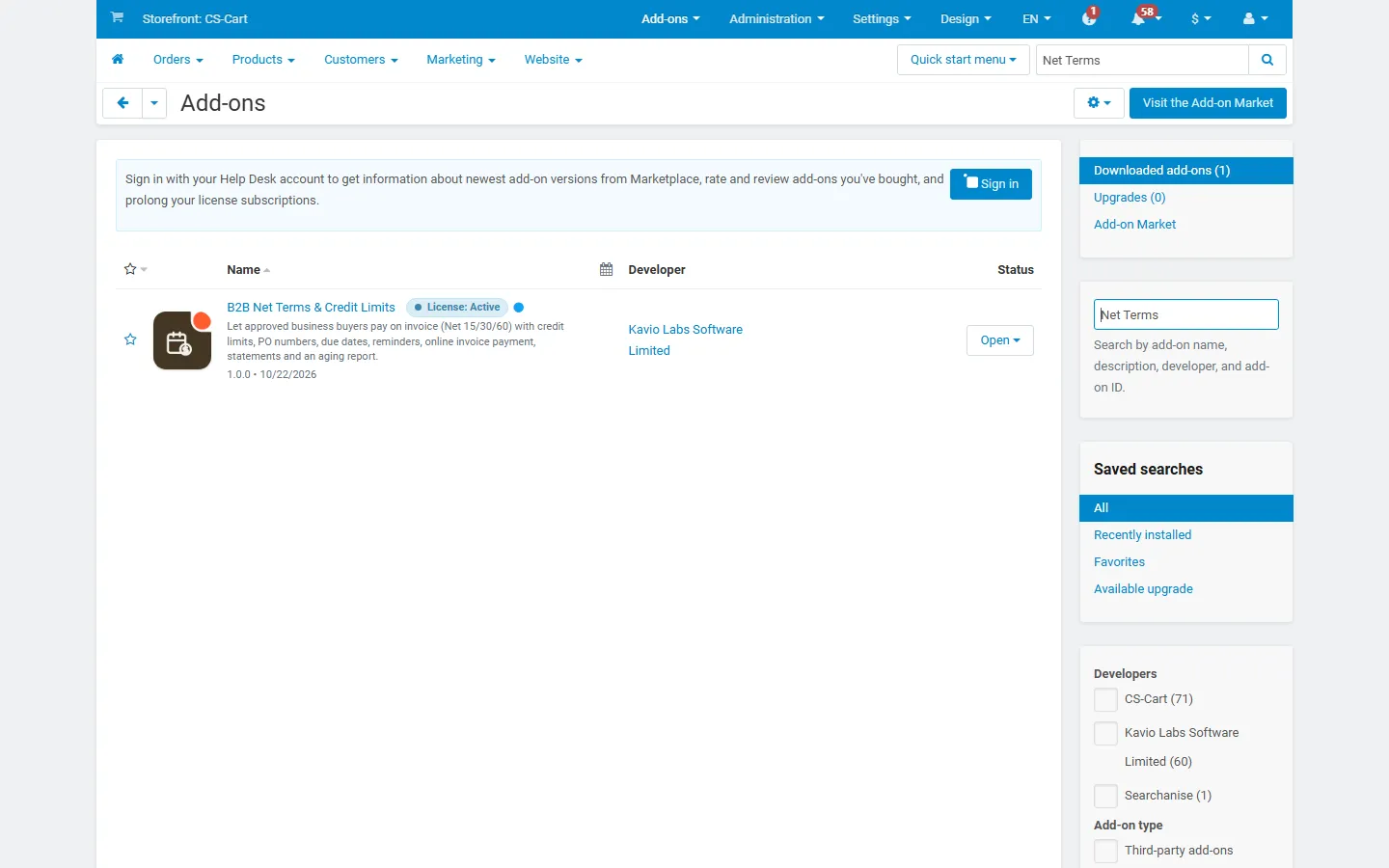 Add-ons list with the add-on installed, active and with its icon.