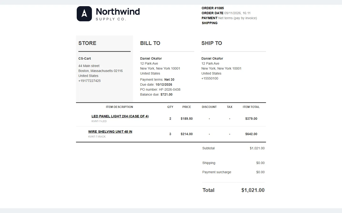 CS-Cart invoice with payment terms, due date, PO number and balance due.