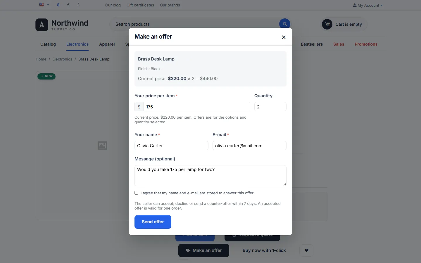 Make an offer dialog on the product page