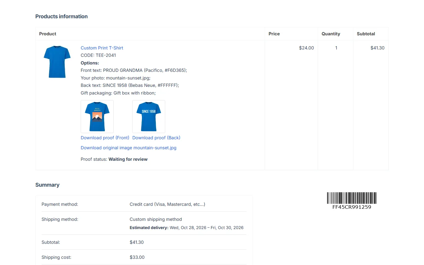 Order with proofs and downloads