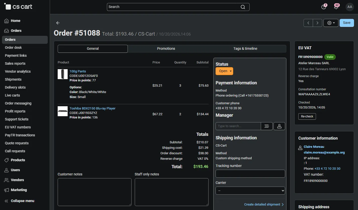 EU VAT panel on the order page