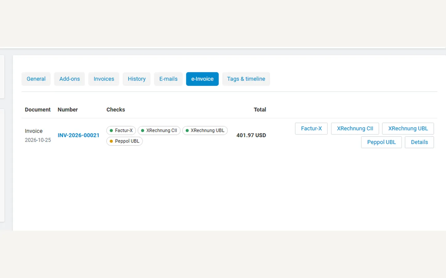 Order page: e-Invoice tab with checks and downloads.