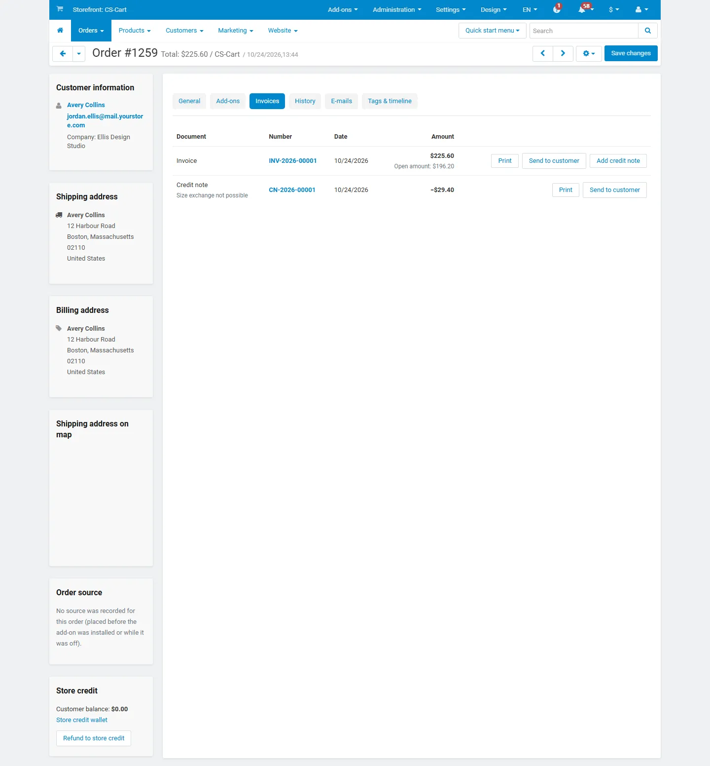 Invoices tab of an order