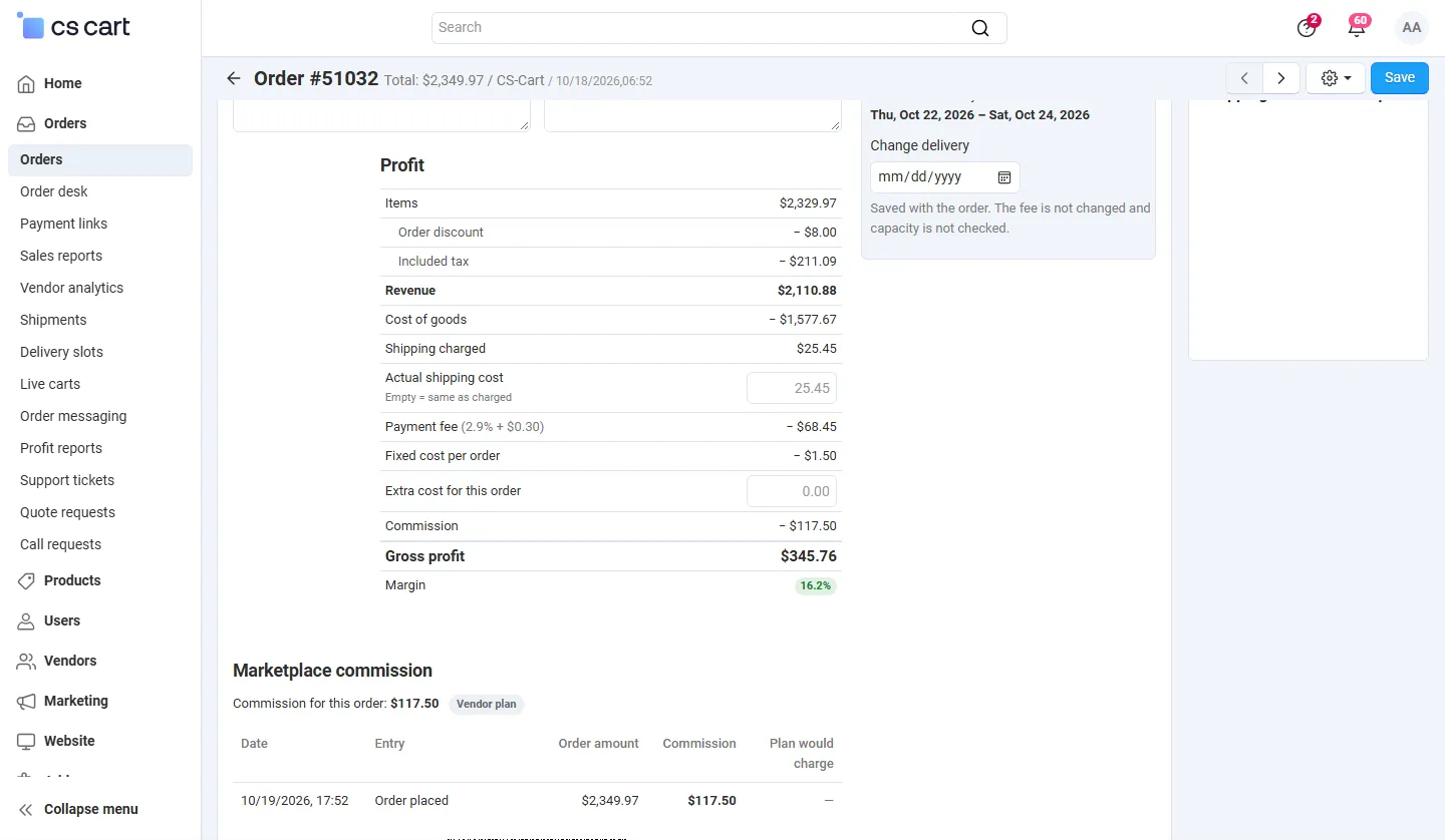 Order page: Profit panel with revenue, cost of goods, shipping, fees, commission, gross profit and margin; actual shipping and extra cost inputs.