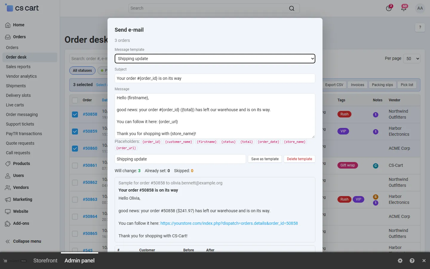 Templated e-mail to the customers: saved template, placeholders and a rendered sample.