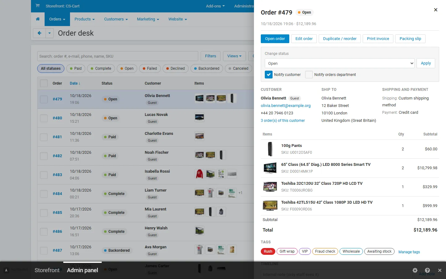 CS-Cart 4.17.2 back office: the quick view.