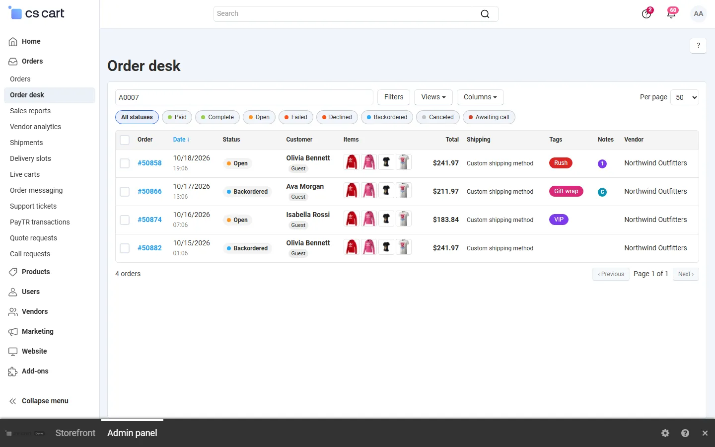 Quick search by SKU: every order that contains the product.