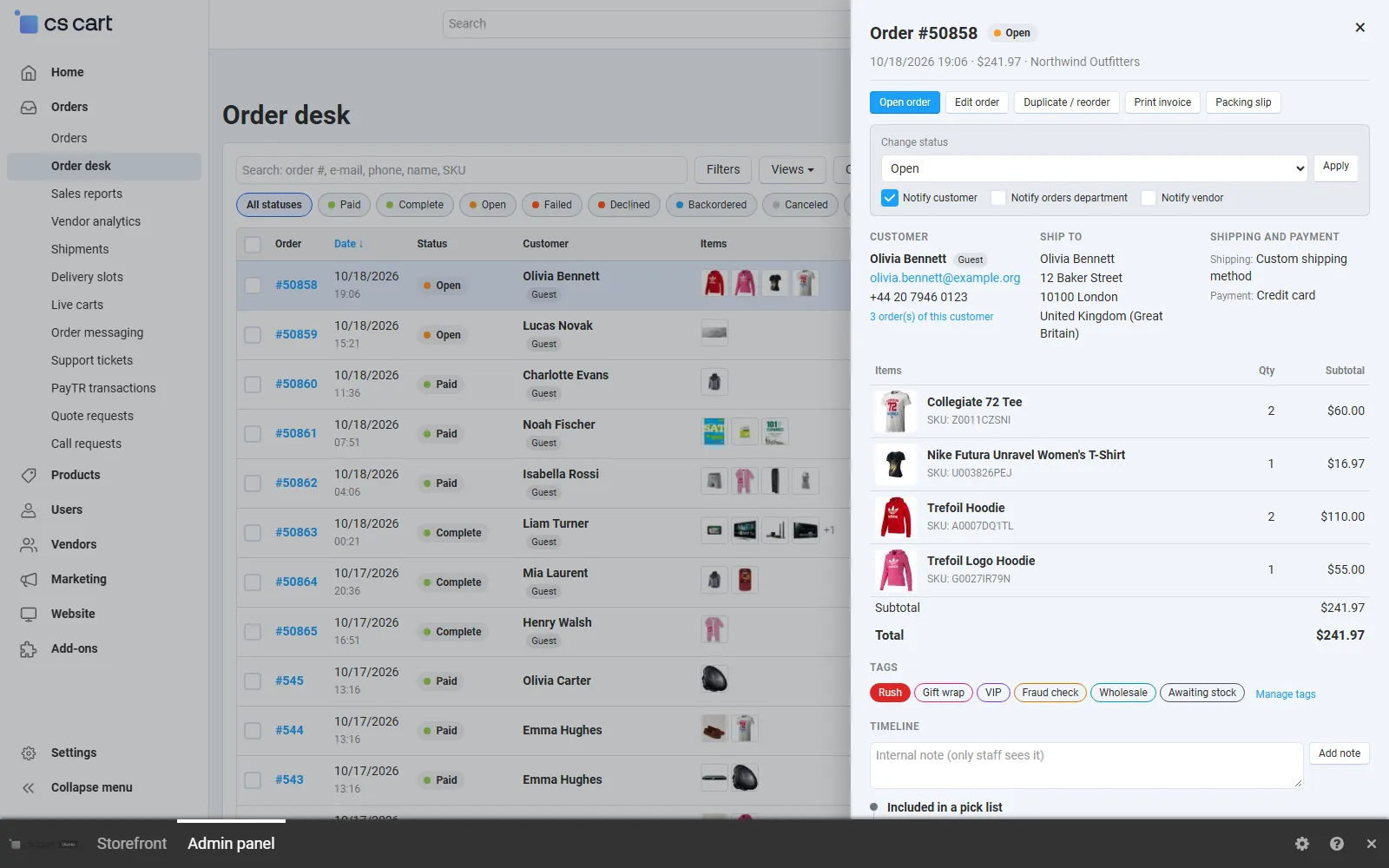 Orders > Order desk with the quick view of an order open.