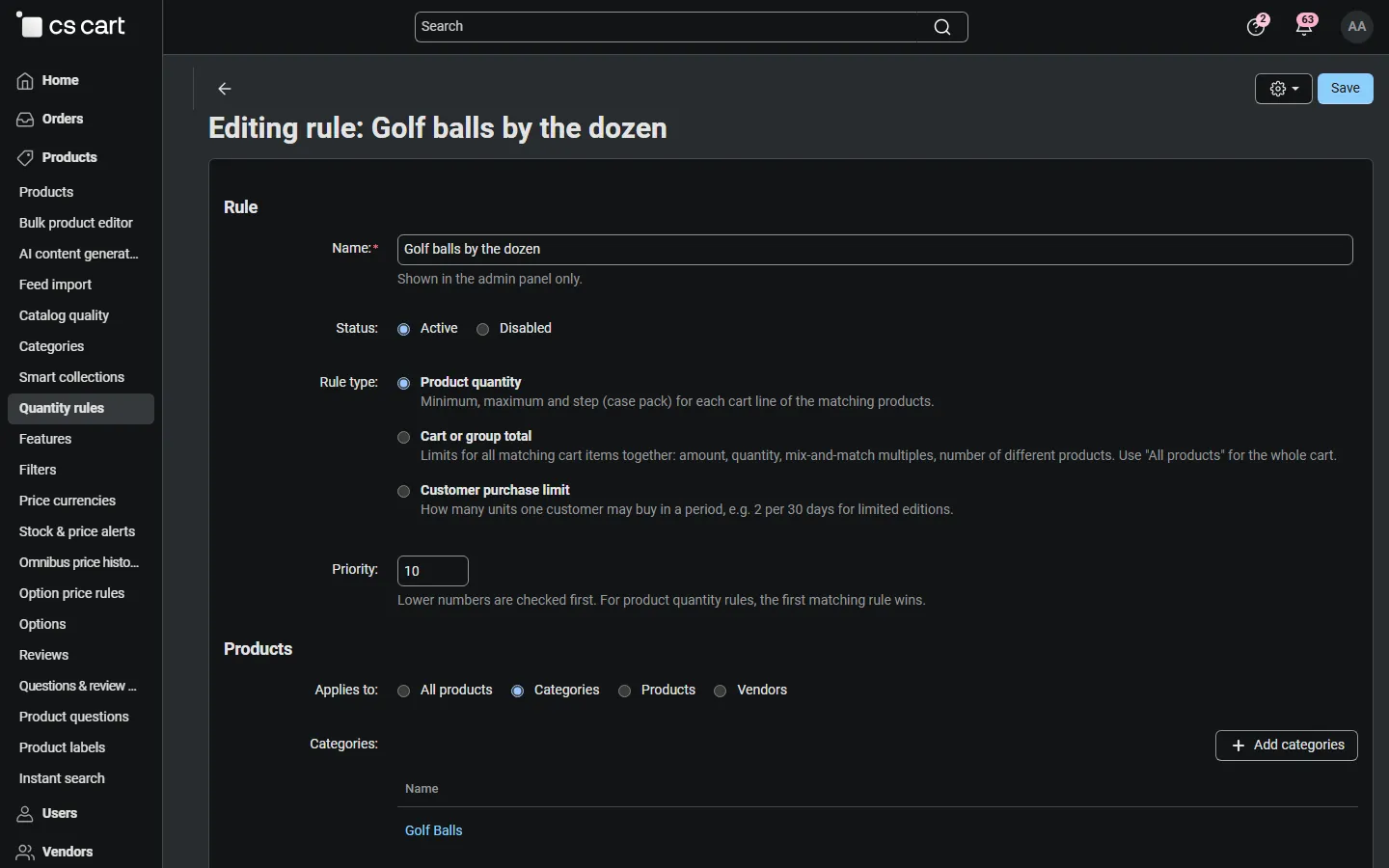 Rule editor: product quantity rule for a category (case pack).