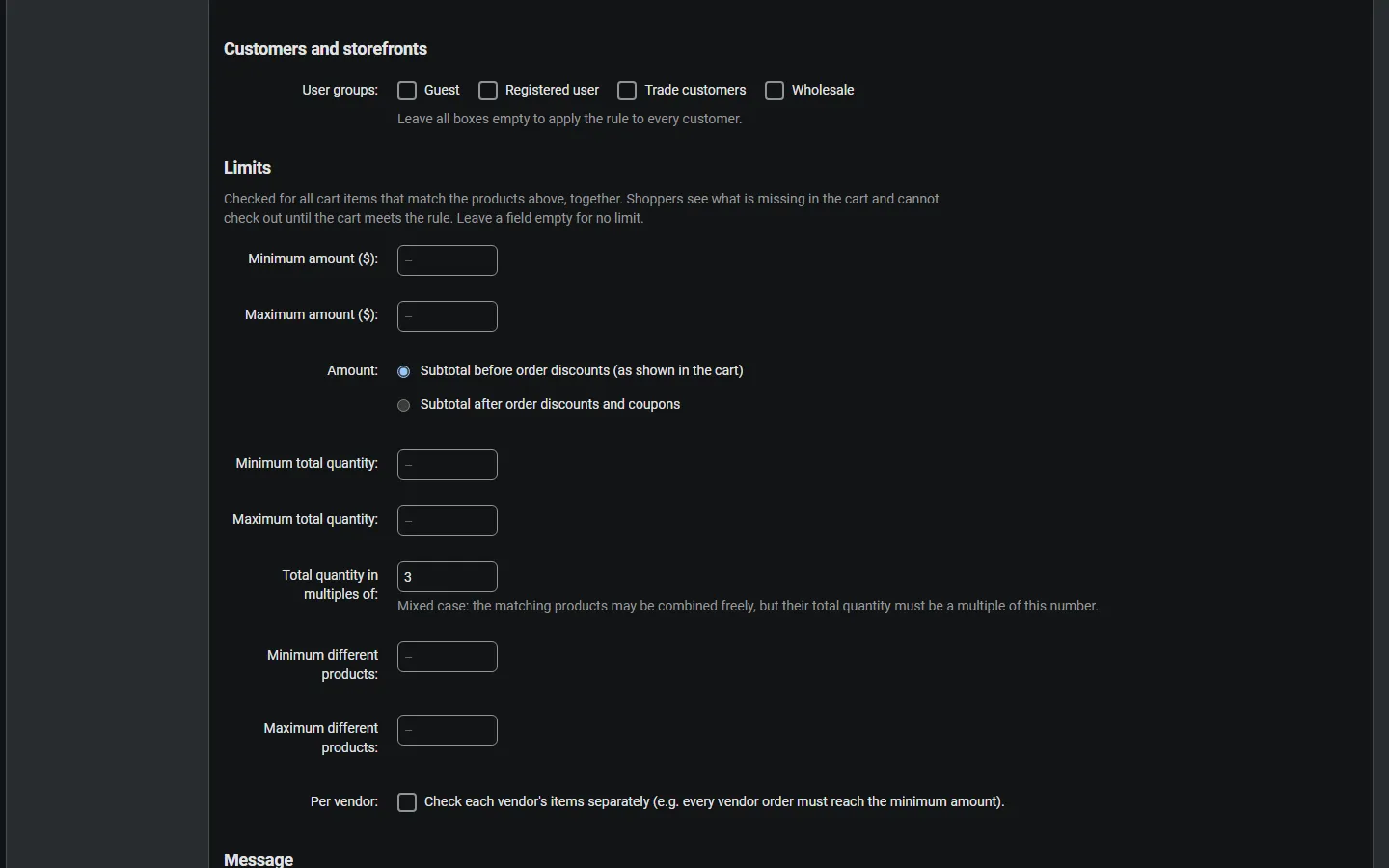 Rule editor: cart or group total limits (mixed case, amounts, per vendor).
