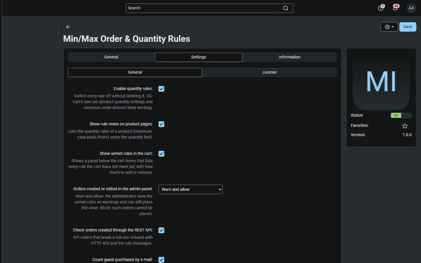 Add-on settings: notes, cart panel, admin orders, REST API, guests, vendor self-service.