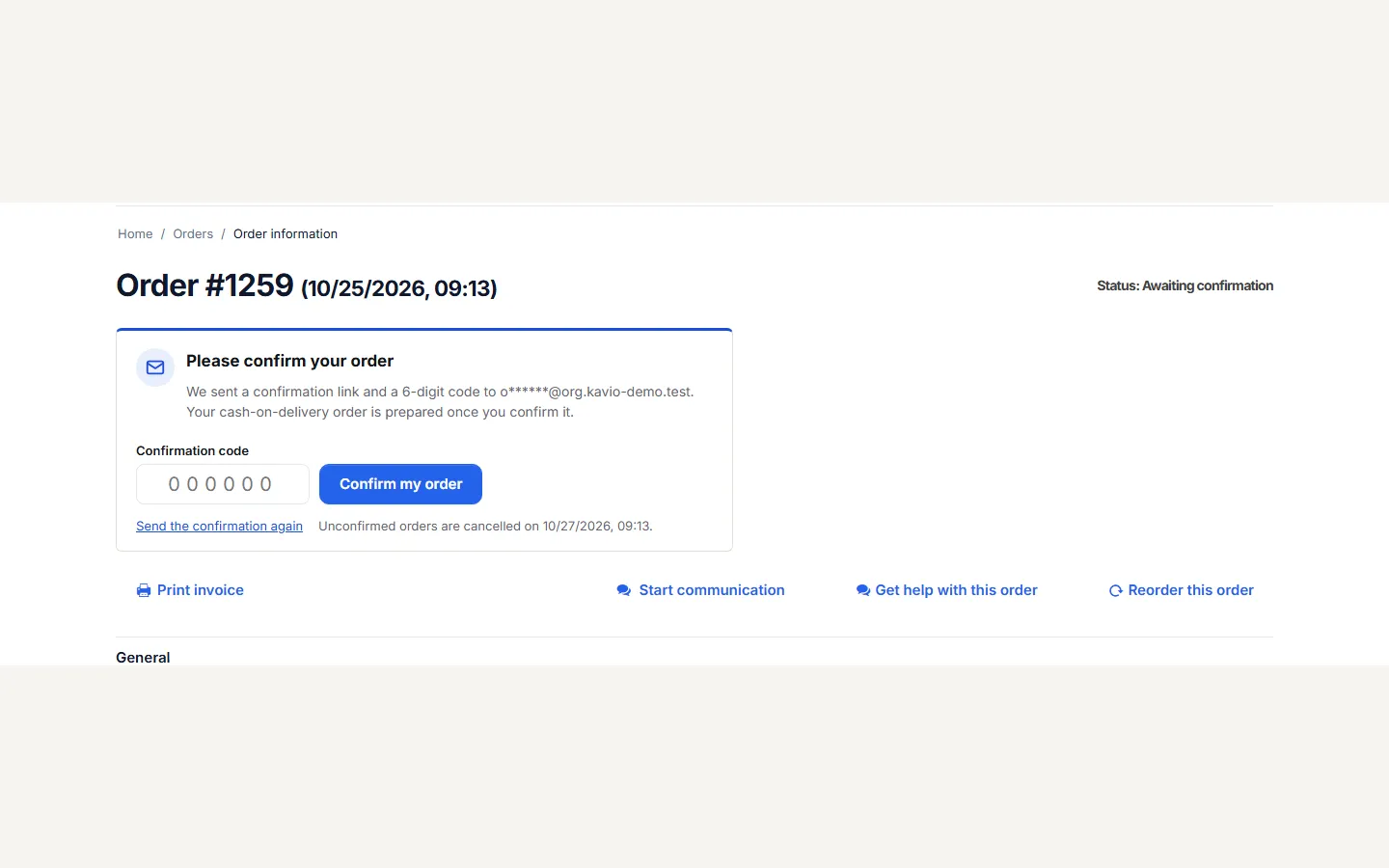 Customer order page: “Please confirm your order” box with the 6-digit code.