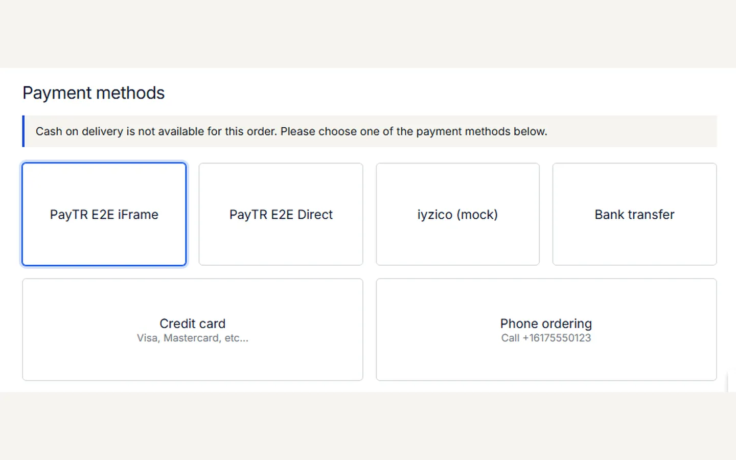 Checkout of a risky customer: cash on delivery hidden with a neutral note.