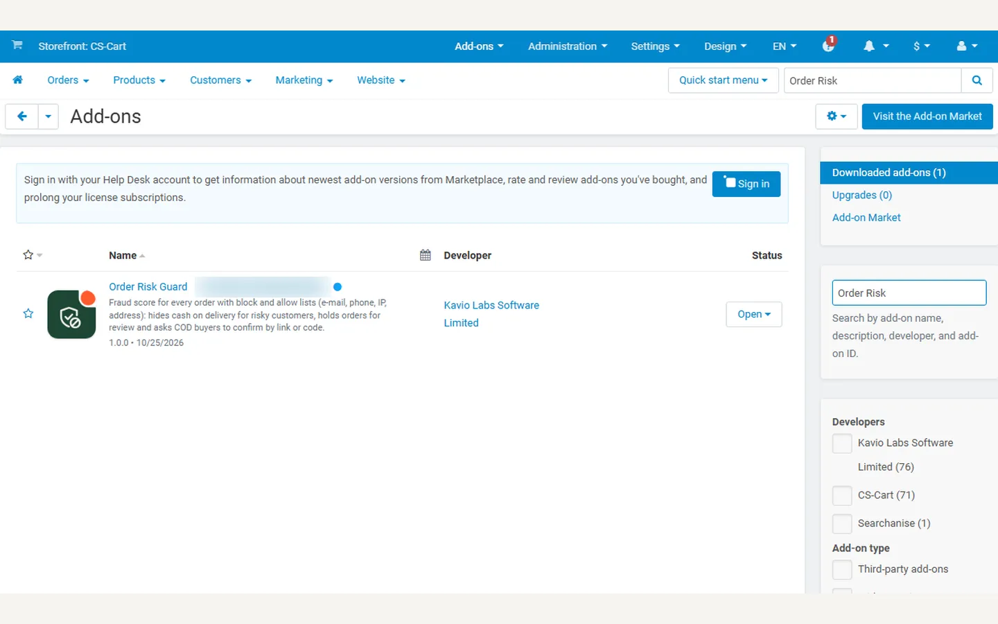 Add-ons list with the add-on active and its icon.