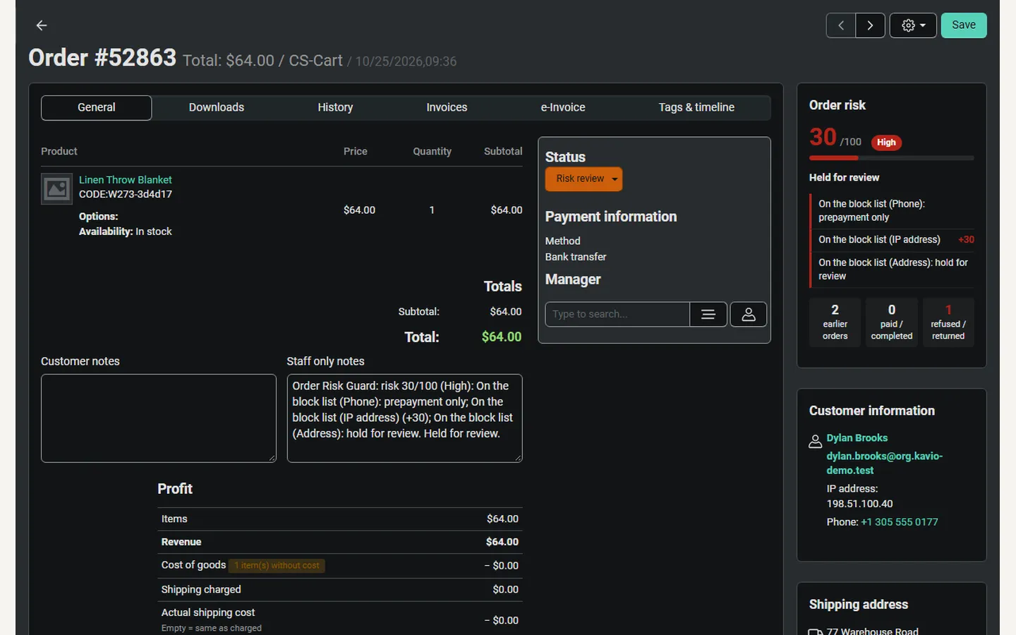 Vendor panel (mv421, dark): risk panel of the vendor’s own order, without list data or actions.