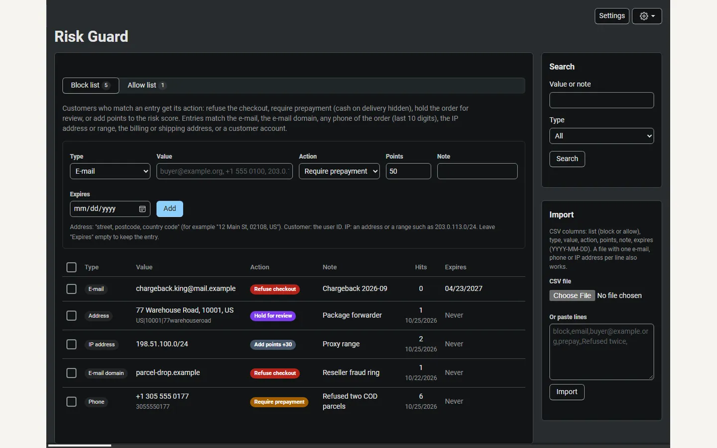 Block list in the dark admin scheme (mv421).