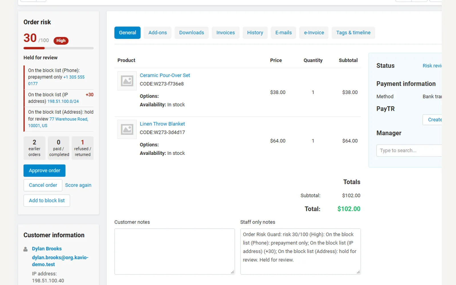 Order page: Order risk panel of a held order with score, reasons, history and actions.