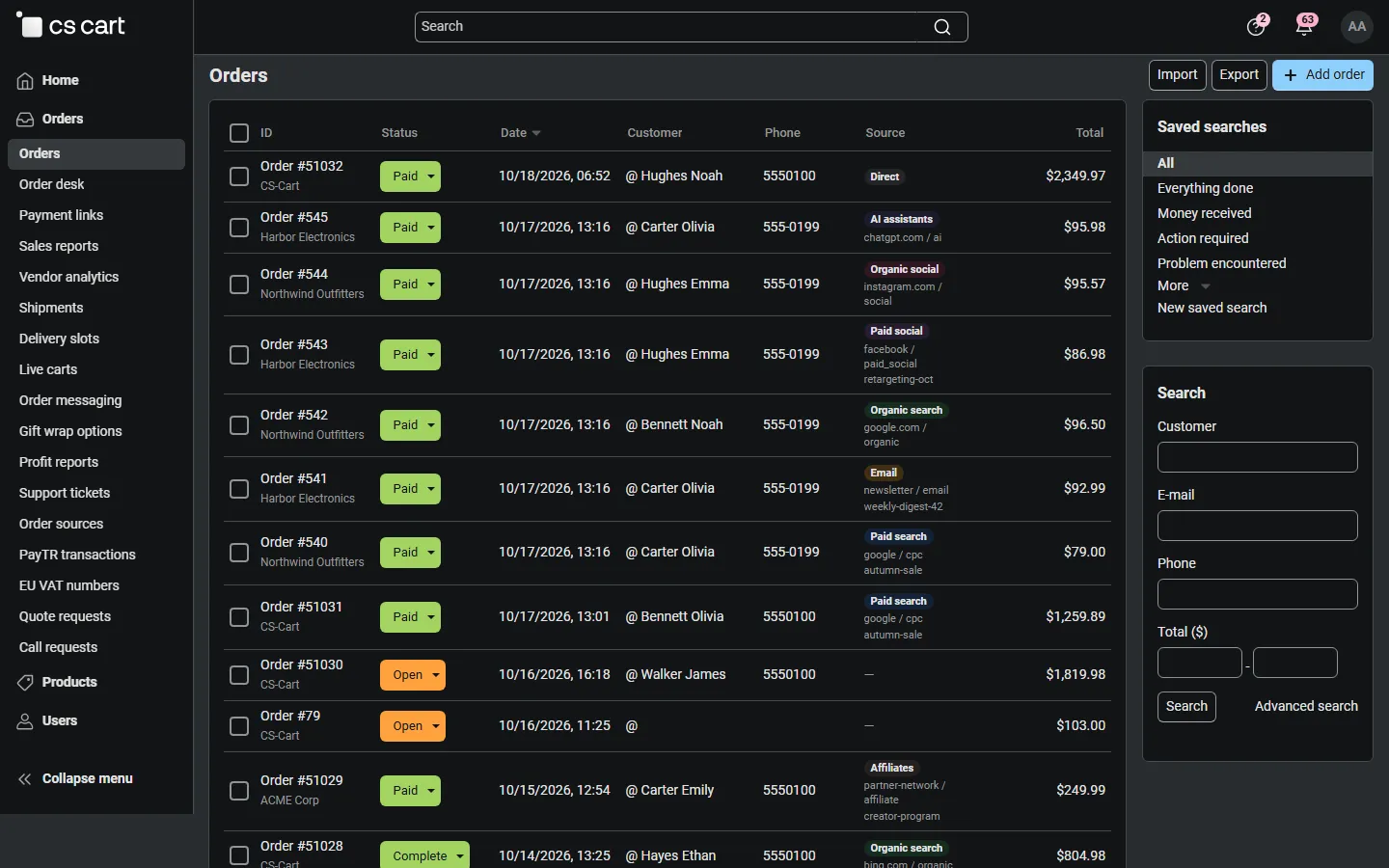Order list with the Source column: channel badge, source / medium and campaign.