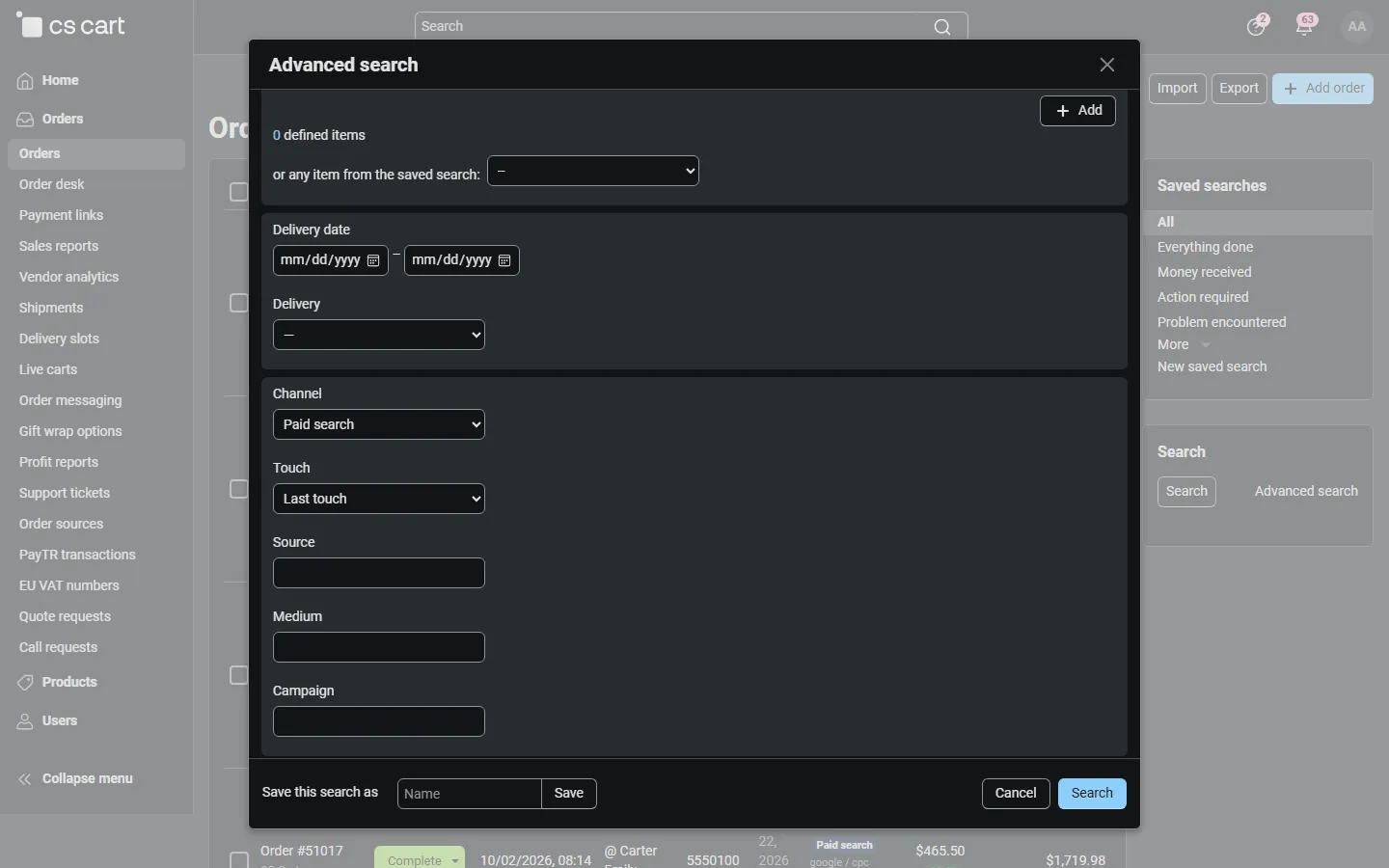 Advanced order search: channel, first or last touch, source, medium and campaign.