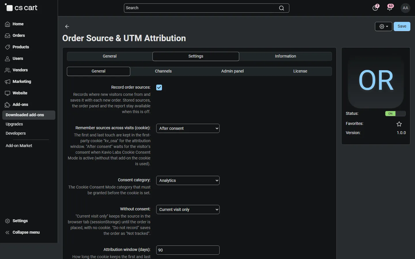 Settings, General: cookie after consent, consent category, behaviour without consent, attribution window.