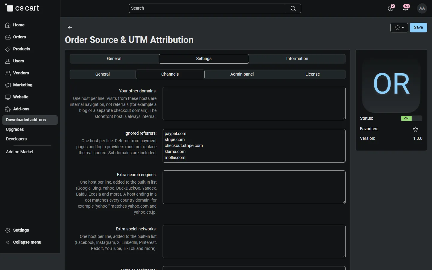 Settings, Channels: other own domains, ignored referrers (payment pages), extra search engines and social networks.