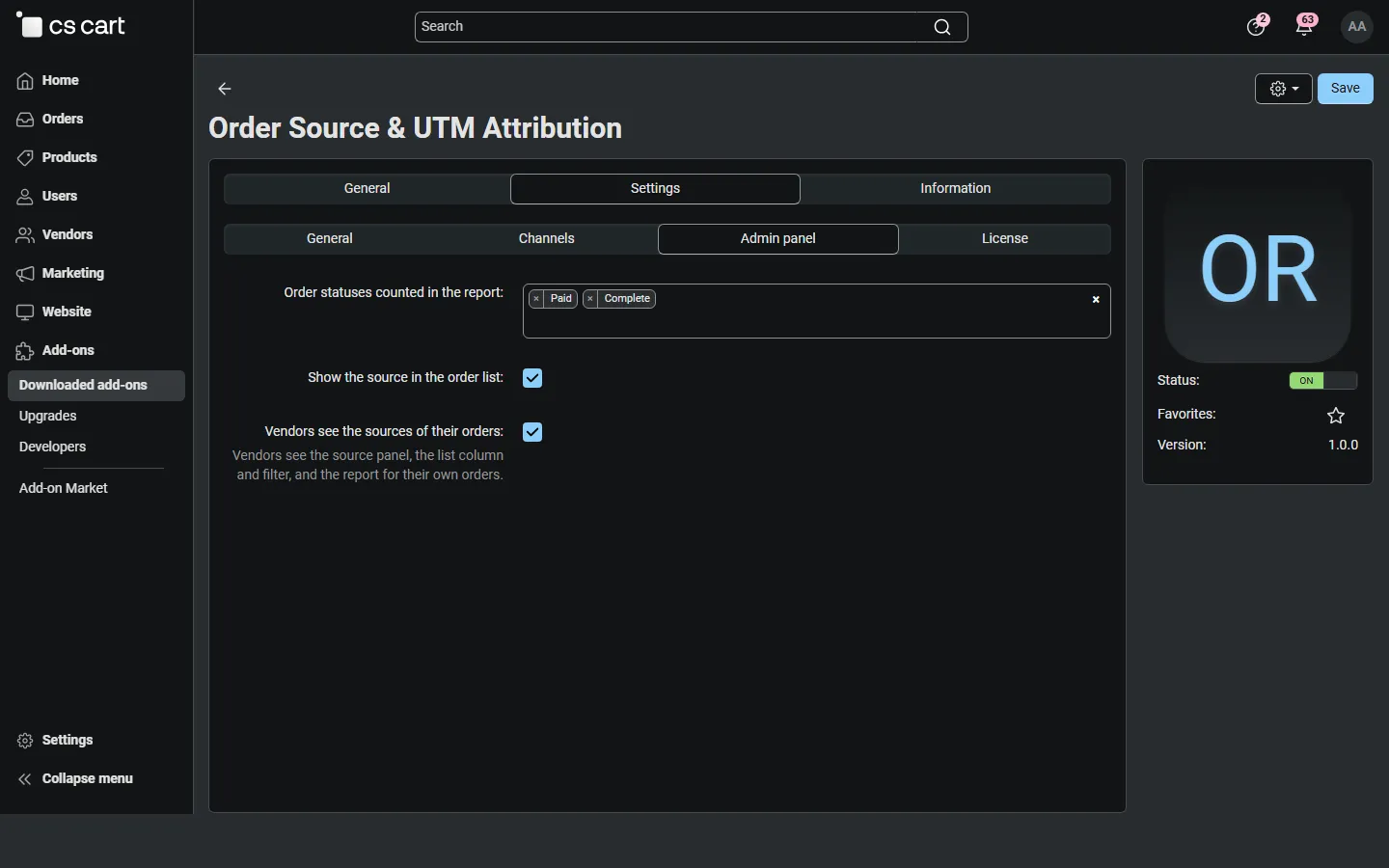 Settings, Admin panel: counted order statuses, order list column, vendor access.