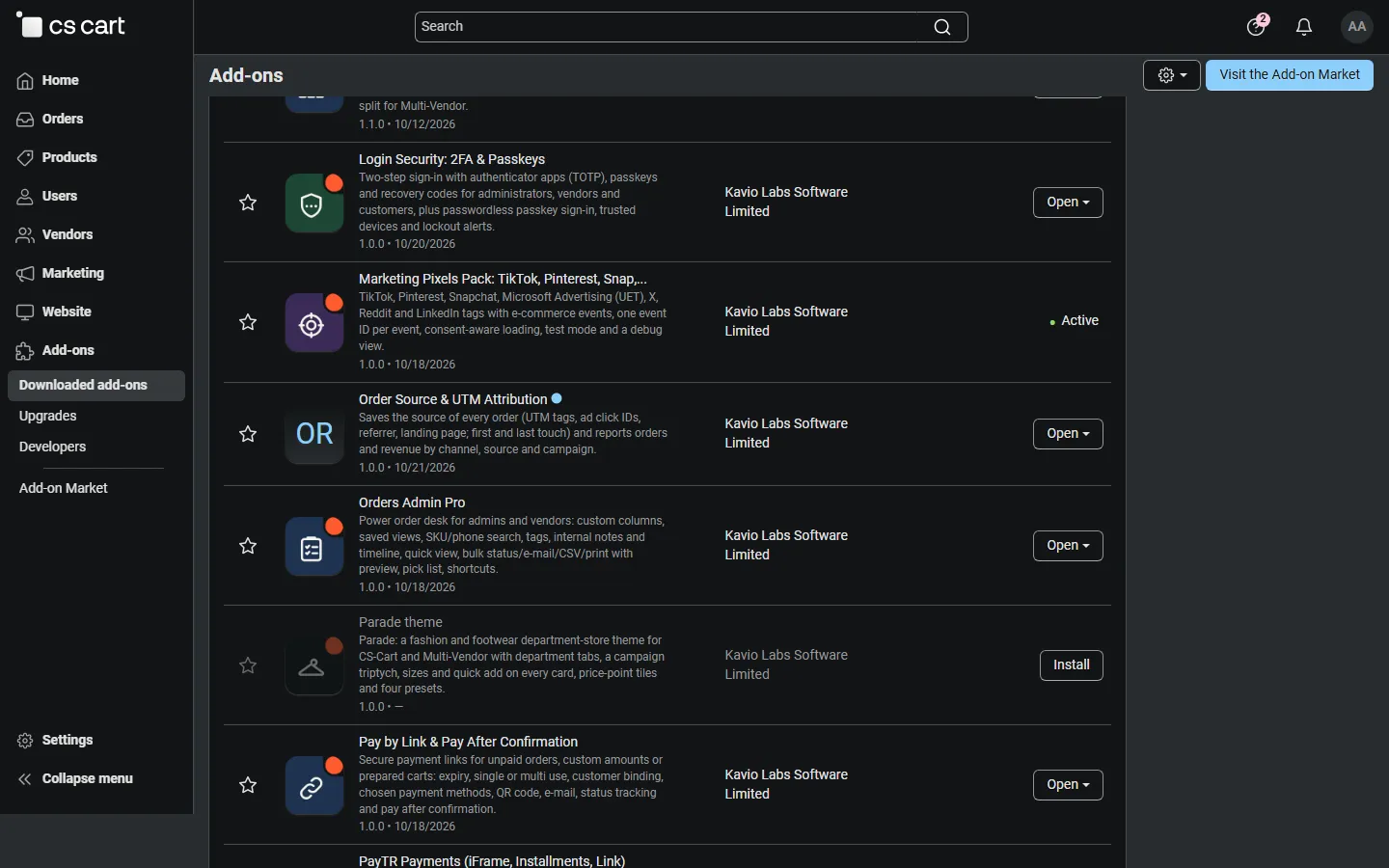 Add-ons list with the add-on active.