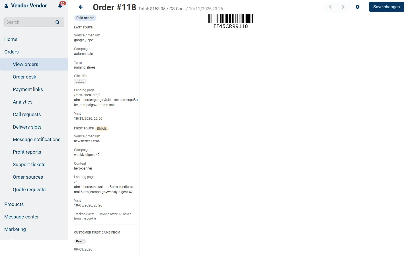 Vendor panel order page: the order source panel with last and first touch and the customer’s first source.