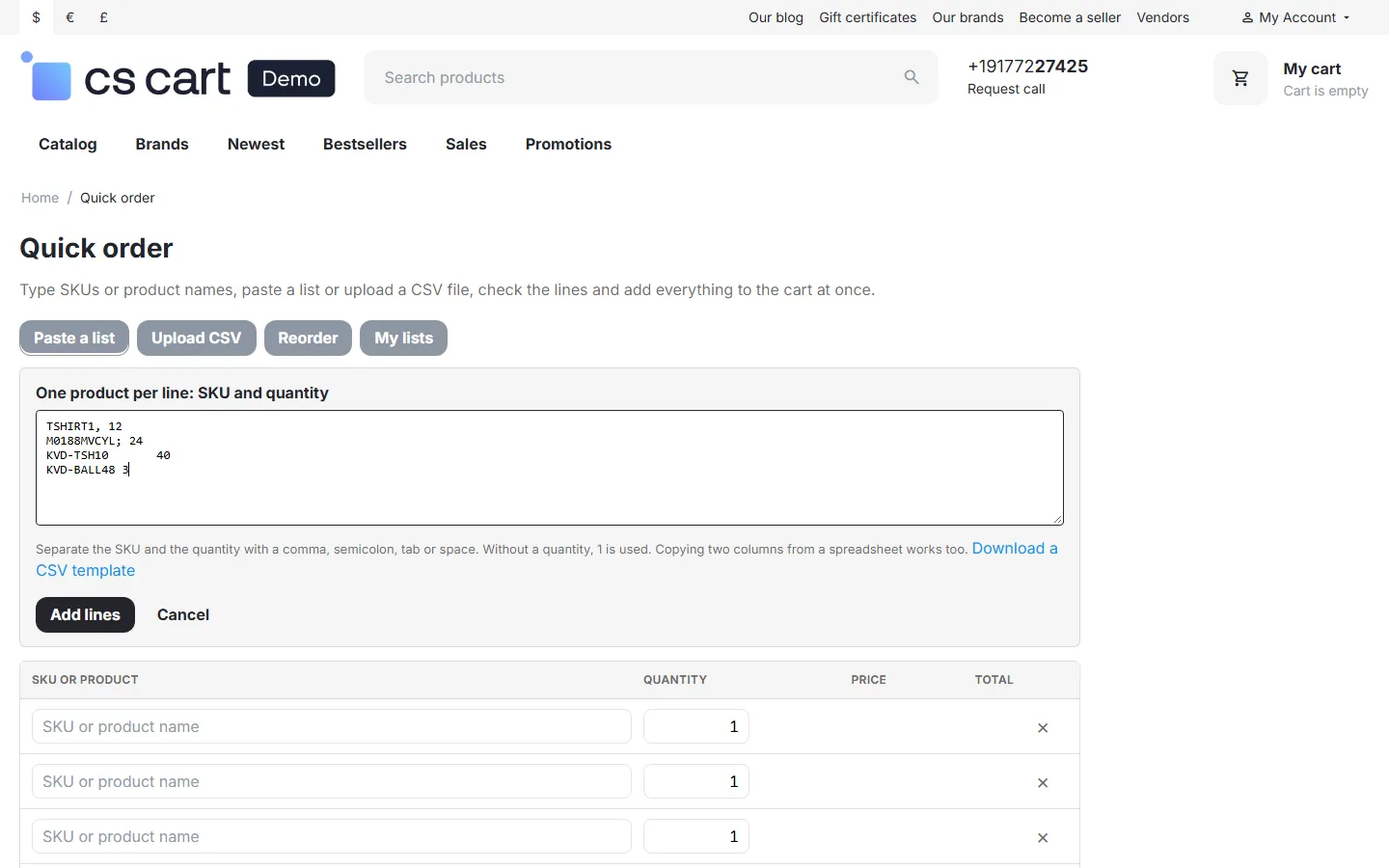 Paste a list with SKU and quantity lines
