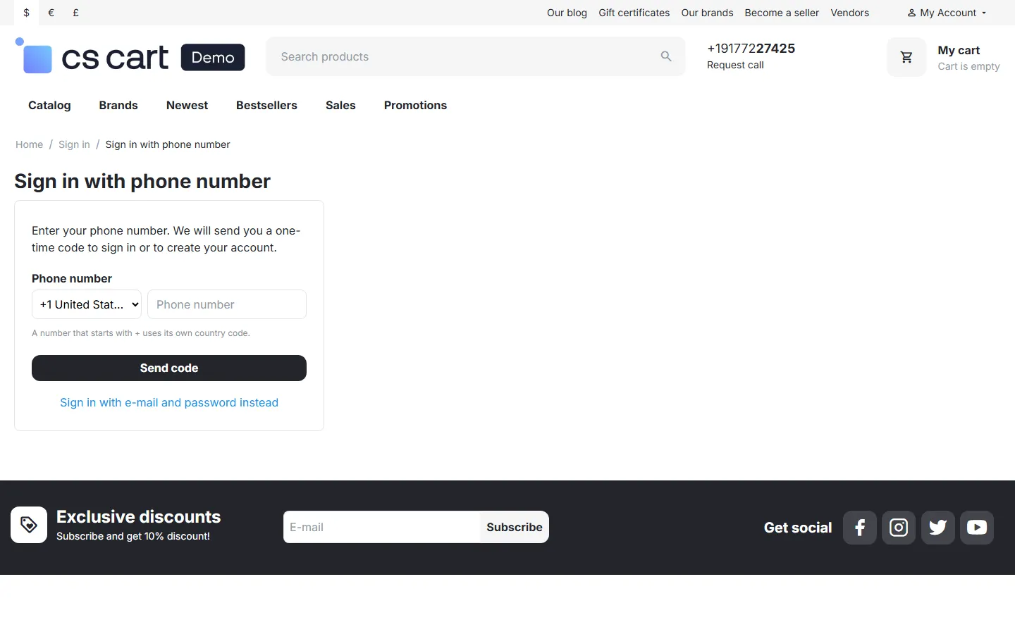 Phone step: country selector with calling codes and the phone number.
