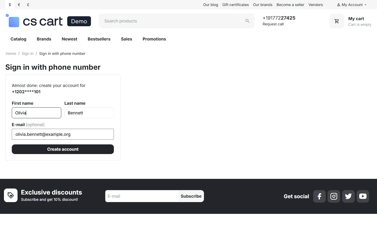A new number after the confirmed code: short registration form, e-mail optional.