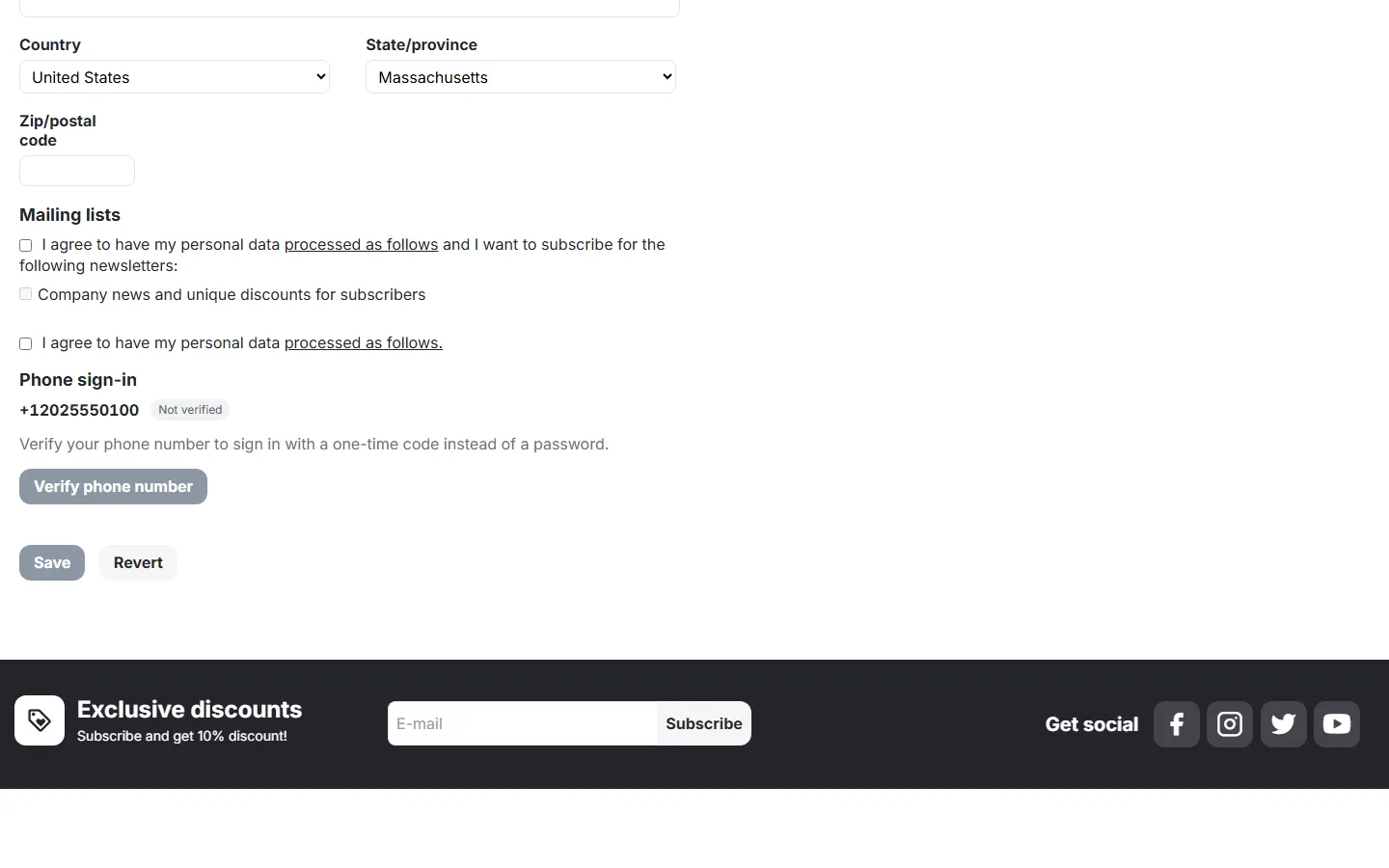 Profile details: number not verified yet, Verify phone number button.
