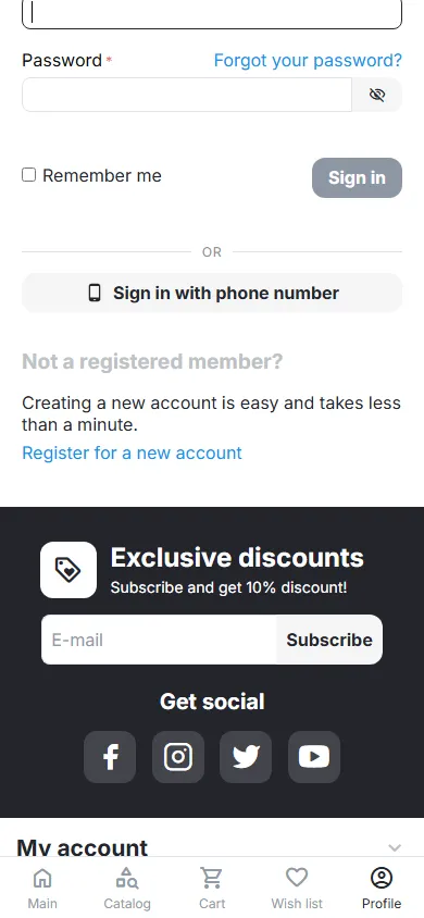 Mobile (390 px): sign-in page with the phone button.