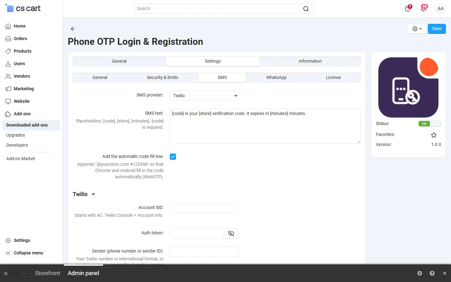 Settings, SMS: provider, SMS text with placeholders, WebOTP line, Twilio credentials.