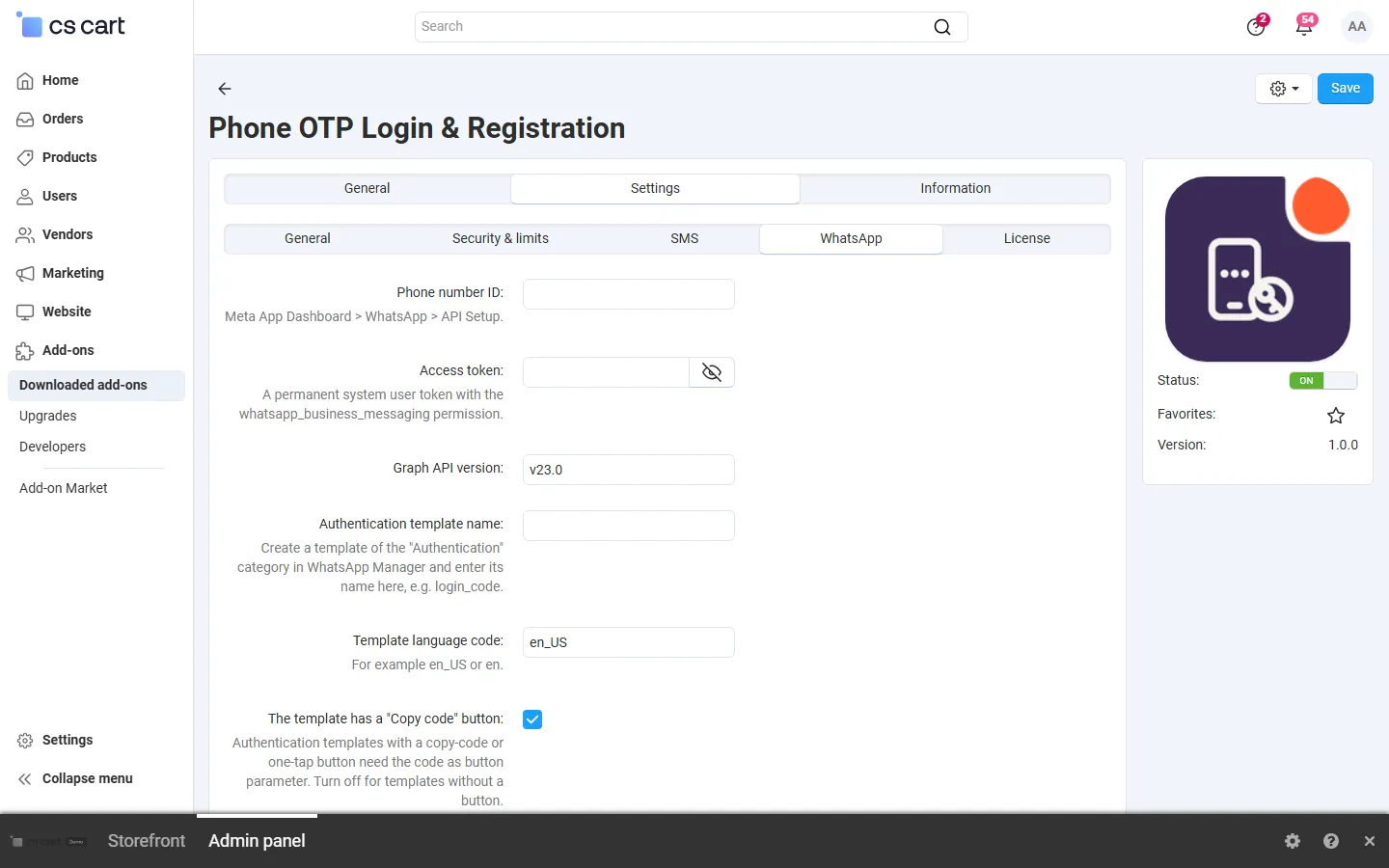 Settings, WhatsApp: Cloud API phone number ID, token, authentication template and copy-code button.
