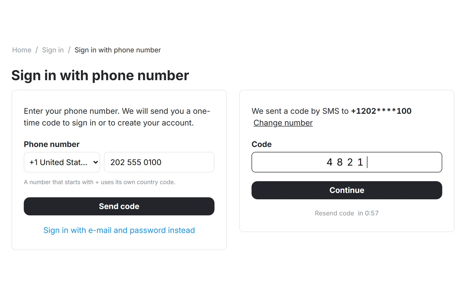 Sign in with phone number: the code step after the code was sent by SMS.