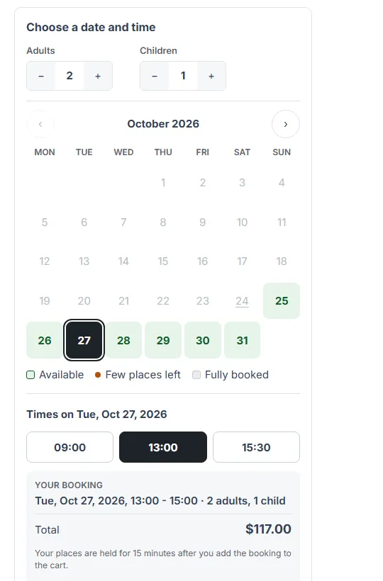 Date and time picker on the product page