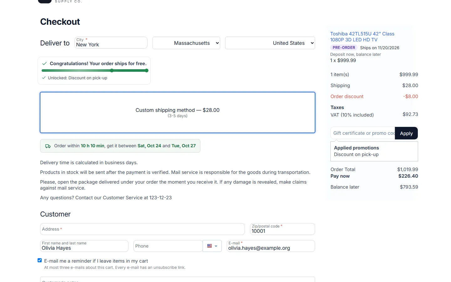 Checkout summary with the item note and the pay now / balance later rows.