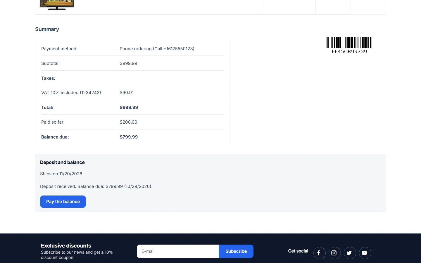 Customer order page: paid so far, balance due and the “Pay the balance” button.