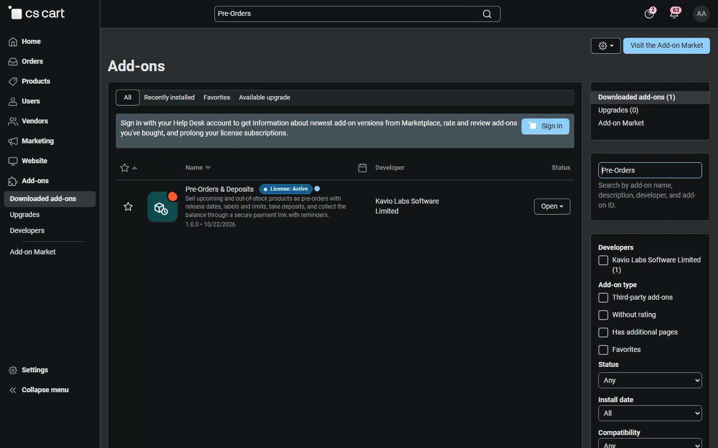 Add-ons list with Pre-Orders & Deposits (placeholder icon until the integration step).
