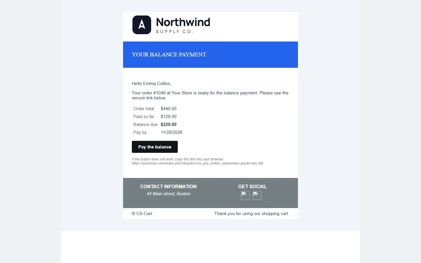 Balance request e-mail with the secure payment link.
