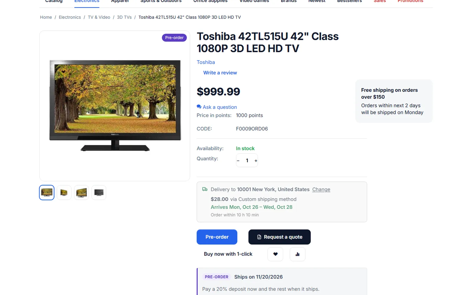 Product page of a pre-order: “Pre-order” label, “Pre-order” button, release date and deposit box.
