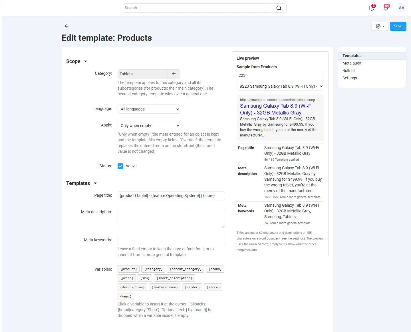 Category override (Tablets) that only sets the title; description and keywords come from the general template.