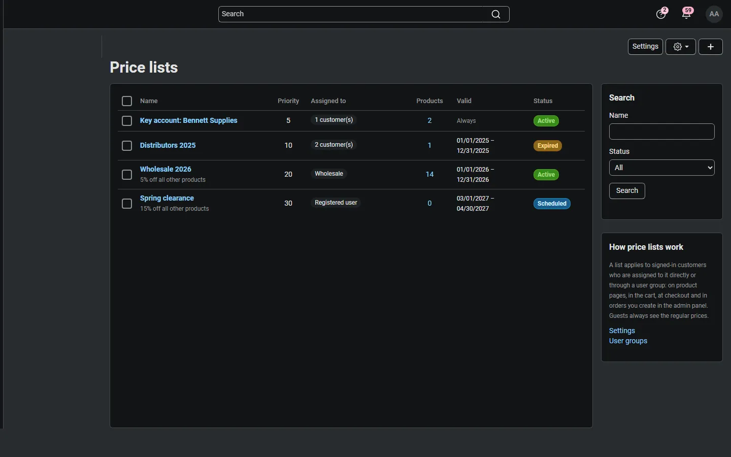Price lists overview