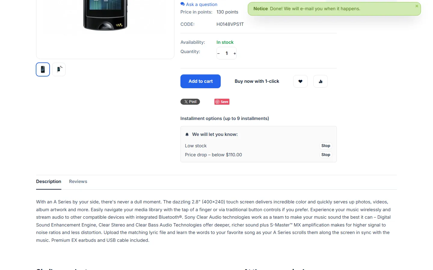 After subscribing as a logged-in customer: confirmation notice and the active alerts with Stop buttons.